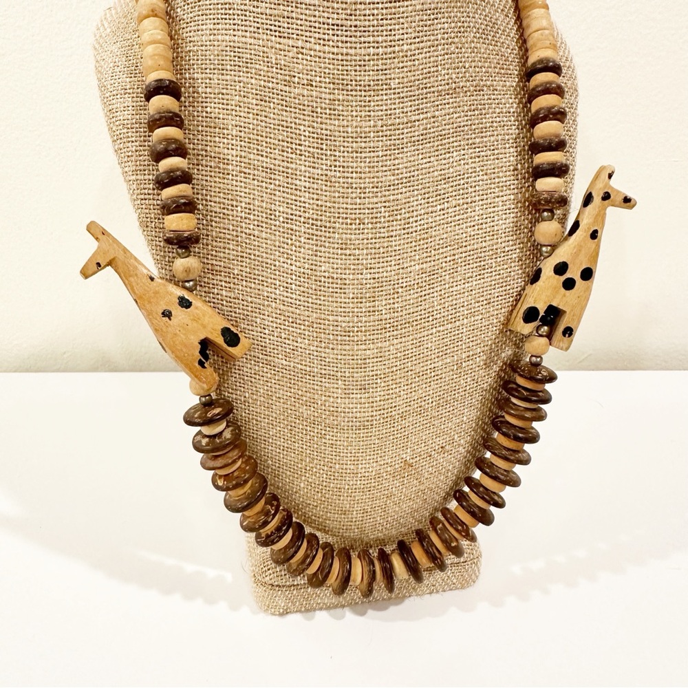Vintage Wooden Safari Artsy Giraffe Statement Art Teacher Beaded Necklace - Picture 2 of 5